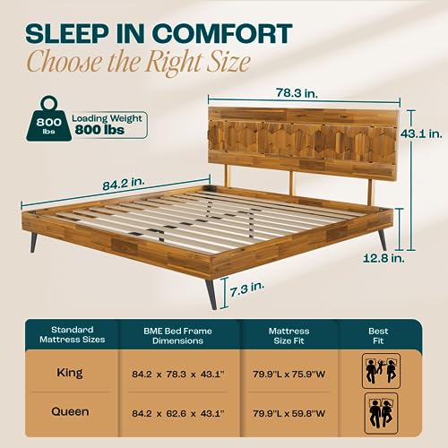 Image of Bme Georgina Signature Bed Frame with Handcrafted Geometric Headboard, Mid Century Modern, Solid Acacia Wood, No Box Spring Needed, 12 Strong Wood Slats Support, Easy Assembly, Teak Brown, King