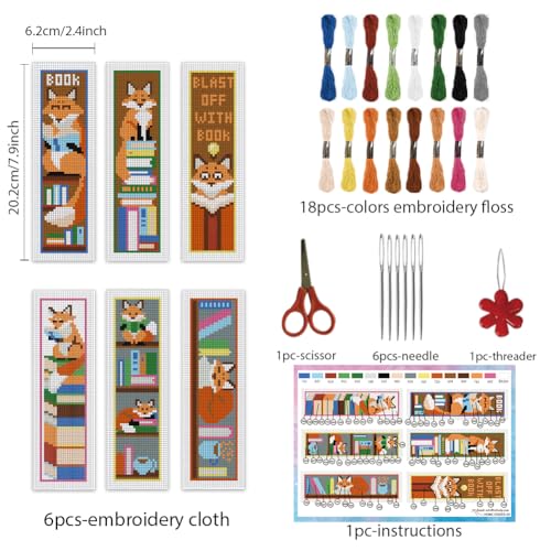 Image of INFUNLY 6 Set Fox Reading Cross Stitch Bookmark Kit DIY Cross Stitch Kit 8 inchx2.4 inch Pre-Printed Books Stamped Embroidery Bookmark with Instructions for Beginners Book Lovers Gifts