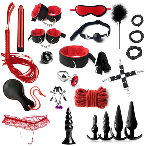 BDSMYOU BDSMs Set Accessoires 23 PCS Kits de Bondage Sex toýs Couple Kit BDSM avec Cravache Menottes Sexy érotique Godemichets Plug Anal Godes Cordes Tenue BDSM Vibromasseurs Jouets de Mamelon