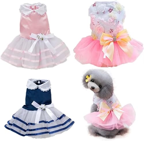 Clopon 3 vestidos de perrito para hembras medianas, lindos cachorros, vestidos de tutú azul y rosa, disfraces de fiesta, M