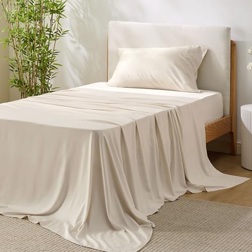 Image of Bedsure Cooling Sheets Twin, Rayon Derived from Bamboo, PureWoven, Breathable & Soft Twin Sheets Set, Deep Pocket Up to 16 Inches, Hotel Luxury Silky Bedding for Hot Sleepers, Light Beige