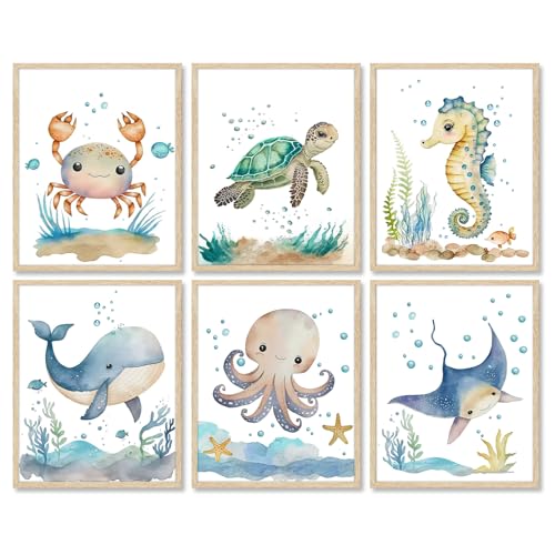 Dazzlewall 6 PCS Ocean Animal Wall Art Prints Watercolor Sea
