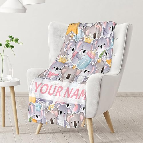 Personalized Koala Blanket Gifts with Name - 60"x80" Cute Throw for Women, Girls - Colorful Soft Fuzzy Blankets for Bed, Couch & Living Room