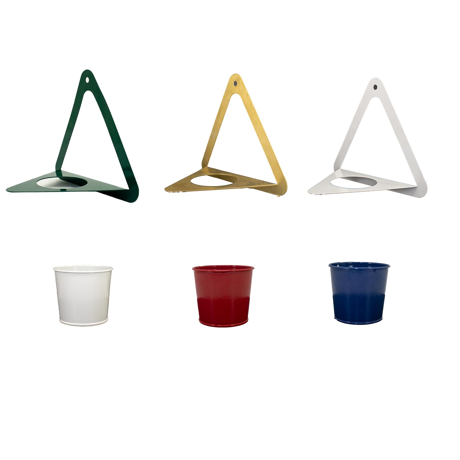 Photo 1 of Modern Wall Hanging Planter Set - Galvanized Steel Frame with Colorful Bucket Planters - Indoor and Outdoor Decor - Set of 3 (Triangle Frame)