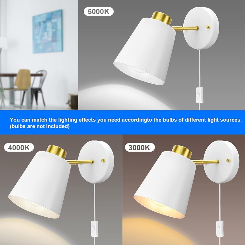 AoLa 2 Stücke Innen Vintage Wandlampe mit Schalter und Stecker Drehbar Wandleuchte Verstellbar E27 Retro Industriell Nachttischlampe mit Kabel Wand Leselampe für Schlafzimmer Wohnzimmer,Weiß