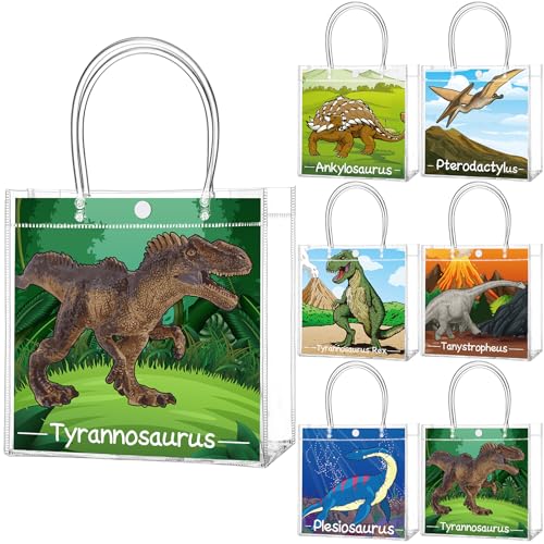 Image of Teenyyou 24 Pcs Dinosaur Clear Gift Bags with Handles Cute Dinosaur Party Favor Candy Snack Treat Bags for Birthday Baby Shower Dino Theme Party Supplies