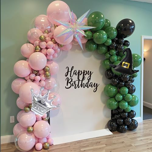 Image of Dark Green and Pink Balloons Arch Set for Witch Party, 160Pcs Dark Green, Baby Pink, Black, Gold, Clear Bobo, Witch Hat, Crown, and Exploding Star Balloons Kits for Birthday Decoration