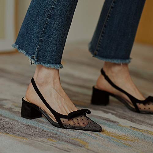 Lehoor Women Pvc Slingback Pumps Pointed Toe Chunky Heel Polka Dot Mesh Sandals Bowknot Retro Mid-Heel Closed Toe，Transparent Side Chic Stitching Shoes For Ladies Dress Office Black 7.5 M Us #TOP4