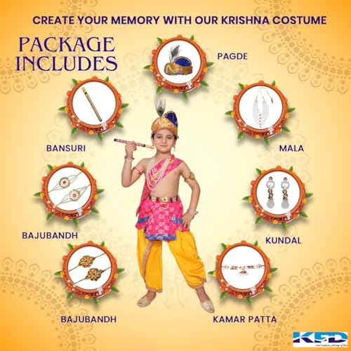 Image of Kaku Fancy Dresses Krishna Costume With Dhoti For Boy /Janmashtami /Bal Gopal Dress /Kanha Costume /Bal Krishna /Mythological Costume For Boy - Yellow-Red, 1-2 Years