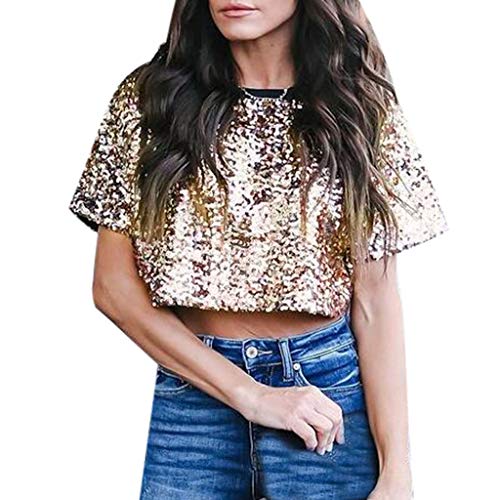 DressLksnf Camiseta Moda para Mujer Original Blusa de Lentejuela Casual Color Puro Suelta Camisa de Manga Corta Estilo Corto Básica Elegante Cuello Redondo