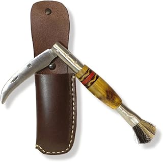 Coltello per funghi con spazzola e fodero. Coltellino tascabile artigianale con lama in acciaio al carbonio e inox, manico in legno e fodero in pelle.