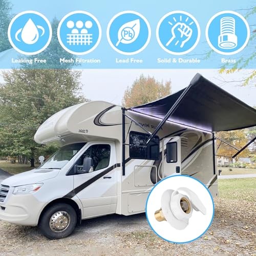 Image of Lead-Free Brass RV Water Inlet Connection, 1 /2 inch NPT Male City Water Fill Flange with Check Valve, Leak-Free City Water Hookup for Camper, Trailer(White)