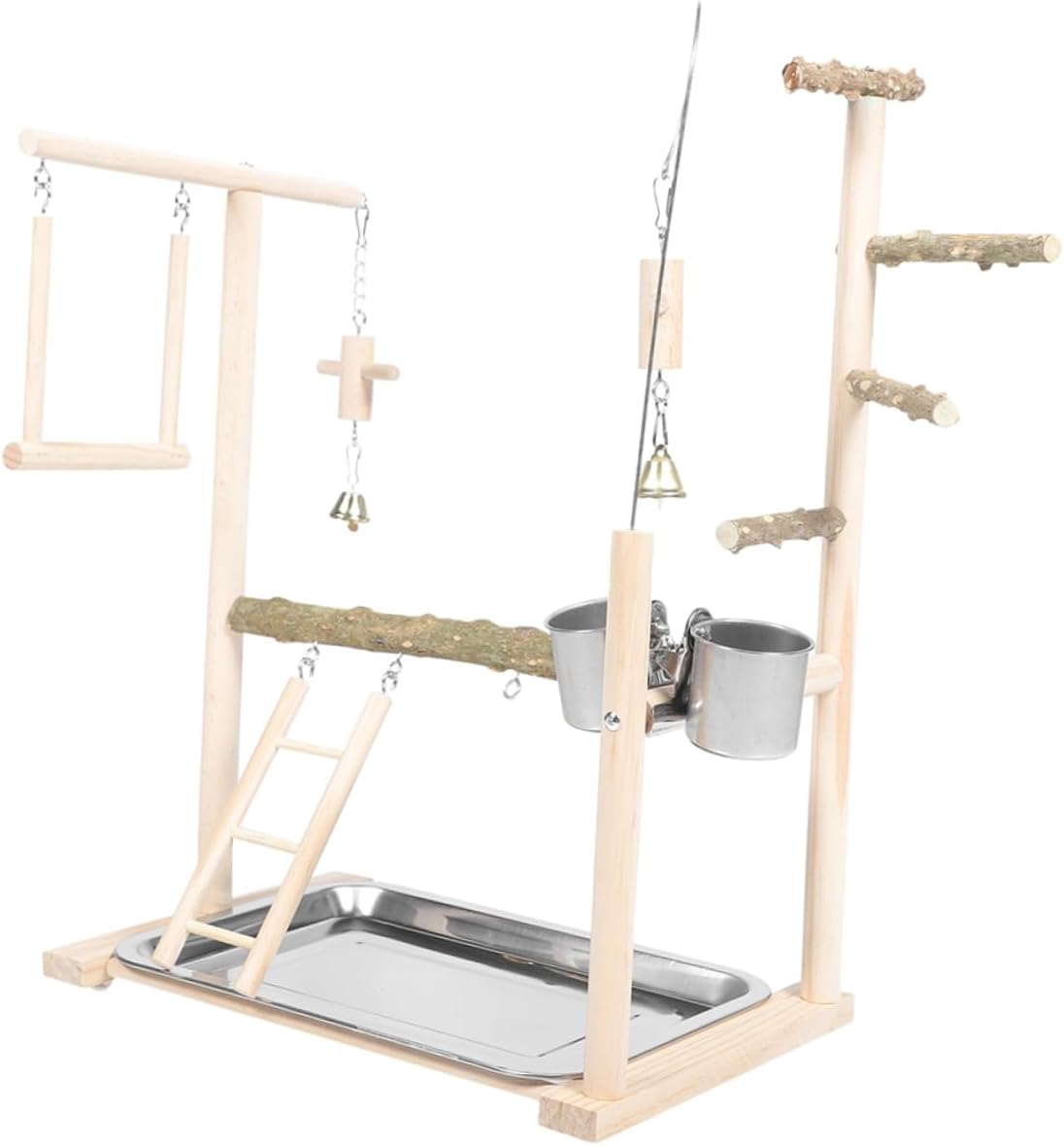 Multi-Functional Parrot Play Stand with Feeder and Toys Interactive Wood Playground for Conures and Lovebirds Includes Storage Compartments for Bird Accessories