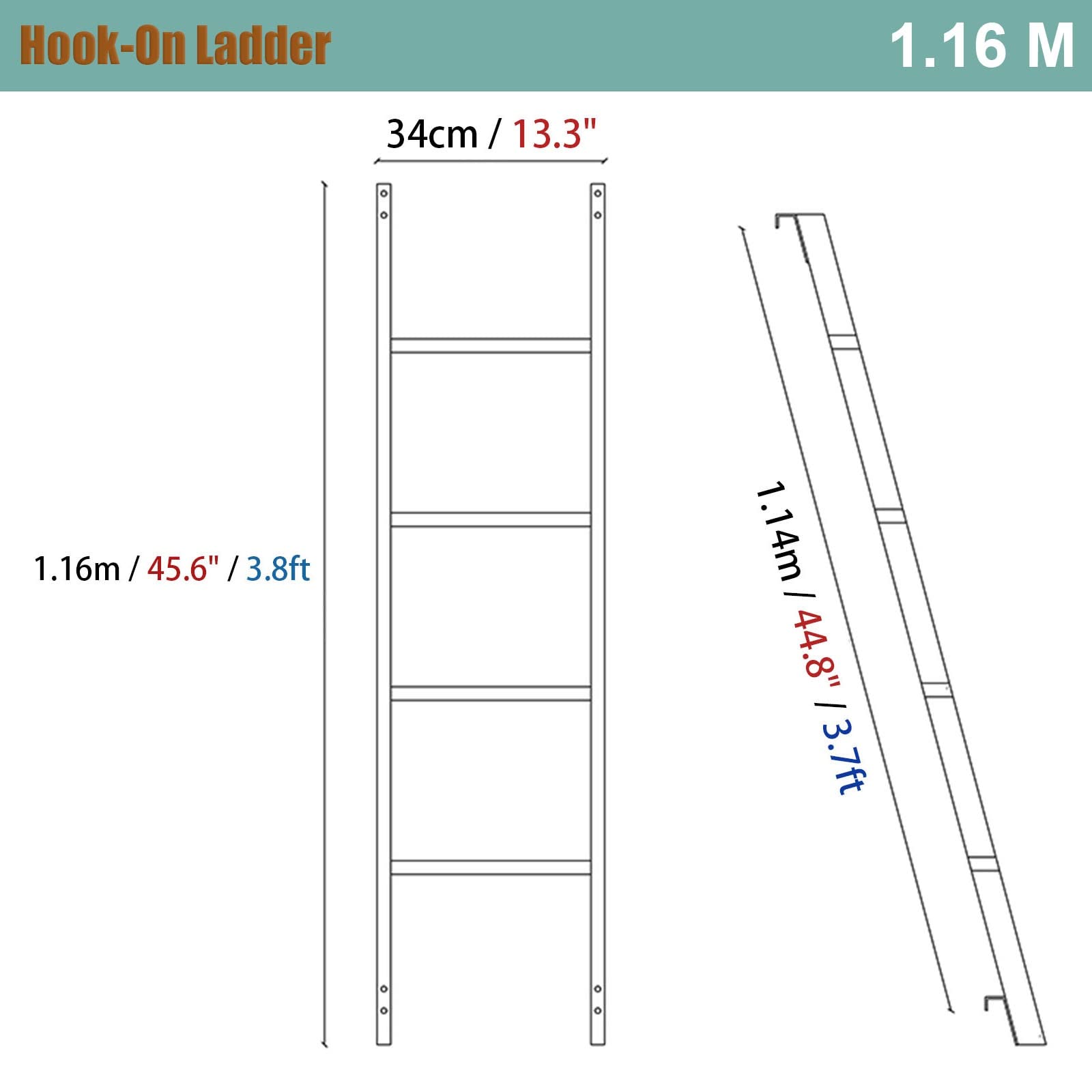 Escalera para Cama, Escalera con Gancho/para literas, Escalera para Cama Alta para autocaravanas, Escalera Blanca, Escalera Alta para Cama (tamaño: versión con Gancho – 1,16 m/45,6 Pulgadas)