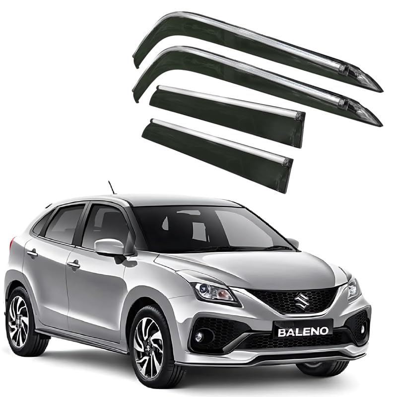 Image of CAR SAAZ Side Door Visors for BALENO (2019-2021) (Set of 4Pcs)|Chrome Lined Rain Guards, Polycarbonate, Smoke Finish