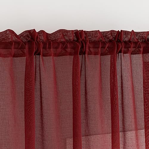 Image of Burgundy Sheer Curtains 95 inch Length 2 panels, Rod Pocket Semi Sheer Privacy Curtains, Window Treatments Soft Voile Drapes for Windows Living Room Bedroom French Doors Doorway Divider, 52 inchWx 95 inchL
