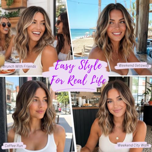 Image of Eawwii Wig for Women Ombre Light Brown Blonde,Short Wavy Synthetic Lace Wig