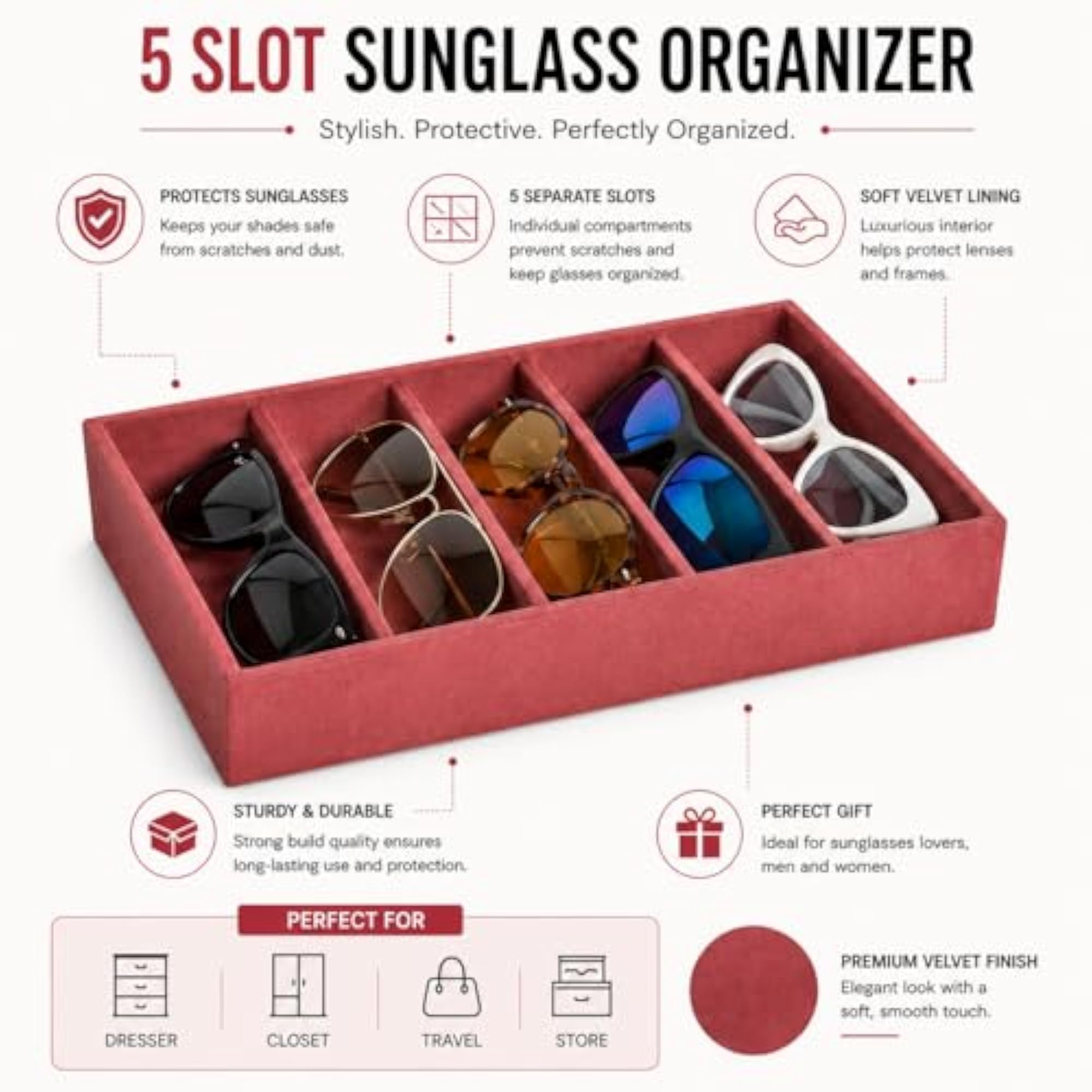 5 Slot Sunglasses Organizer Tray for Drawer