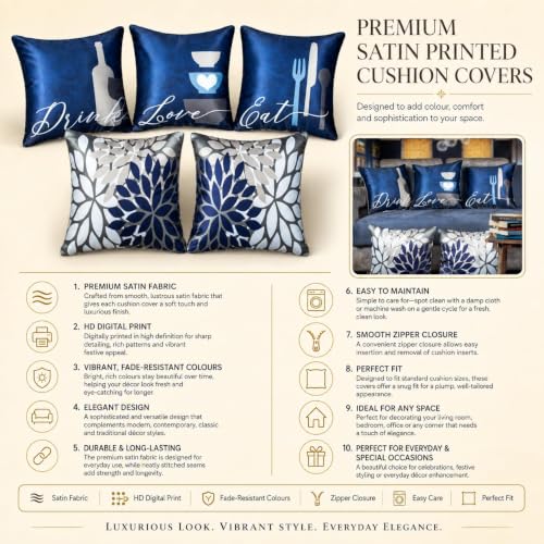 Image of Decorative Satin Sofa Cushion Covers Set of 5, 16 x 16 Inches, Multicolor Floral Printed Pillow Covers for Living Room, Bedroom, Couch & Sofa, Soft Glossy Fabric, Zipper Closure