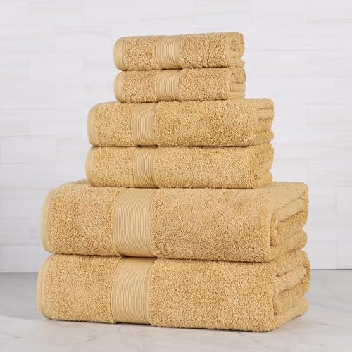 Superior 100% Organic Cotton 6-Piece Towel Set, Includes 2 Bath Towel, 2 Hand Towel, 2 Face Towel/Washcloth, Daily Use, Bathroom, Guest Bath, Absorbent, Home Essentials, Oregon Collection, Gold