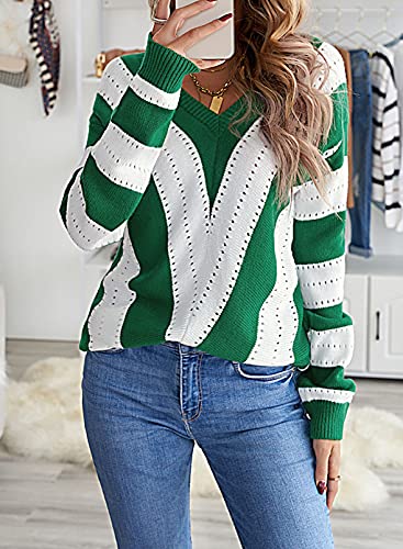Image of FEKOAFE Womens 2026 Deep V Neck Sweaters Striped Long Sleeve Knit Pullover Sweaters for Women