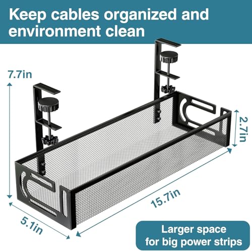 Image of ABJA Under Desk Cable Management Tray, Wire Organiser for Table, Cable Organiser for Desk, No Drill Metal Mesh Tray with Clamps, Includes Ties & Cable Clips for Home /Office (Black 1, 39 x 12 x 7 cm)