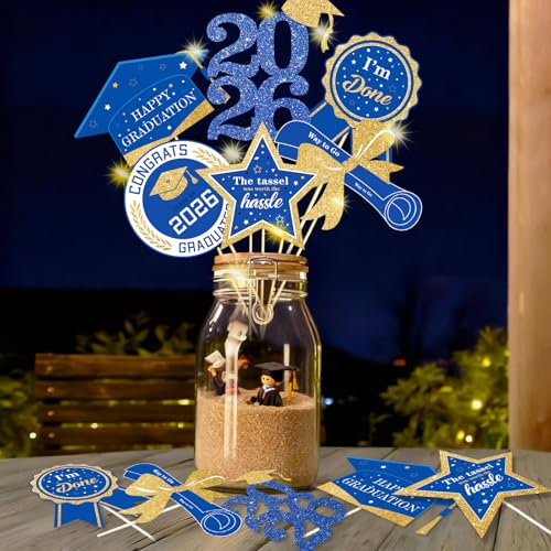 Graduation Decorations for Class of 2026-60pcs Glitter Blue Gold Graduation Table Centerpieces Sticks with LED String Lights for College High School 2026 Graduation Party Favors Supplies