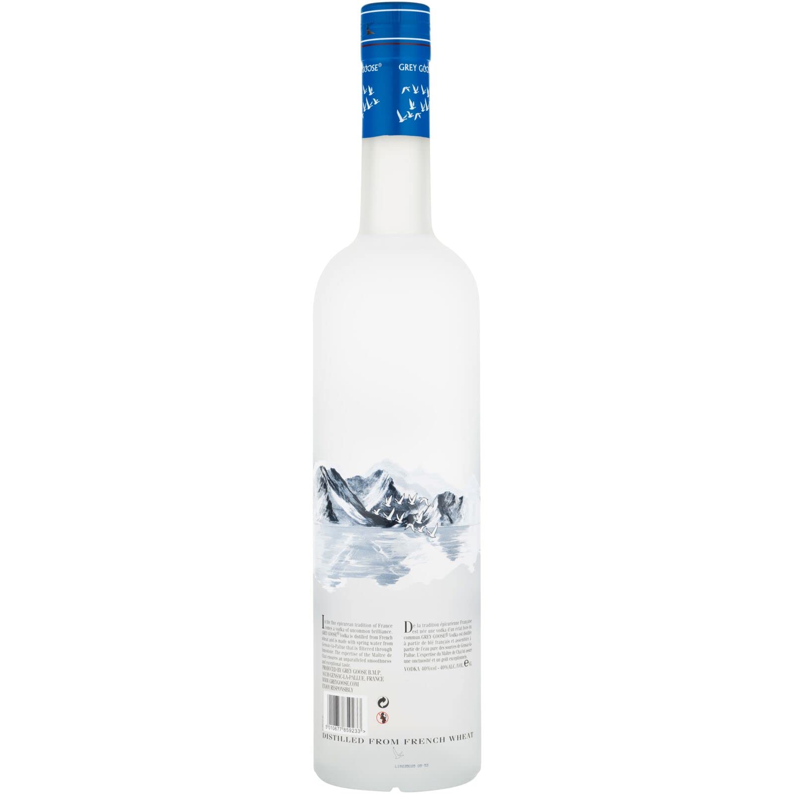 GREY GOOSE vodka prémium francés, elaborado exclusivamente con el mejor trigo francés y agua de manantial natural, 40 % ALC., 600 cl / 6l