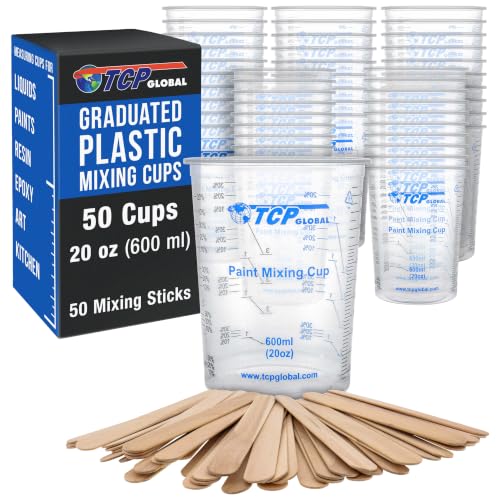 Image of TCP Global 20 oz. (600ml) Graduated Plastic Mixing Cups - Box of 50 with 50 Mixing Sticks - Disposable Plastic Measuring Cups for Liquids, Paints, Resin, Epoxy, Art, Kitchen - Ratios 2-1, 3-1, 4-1 ML