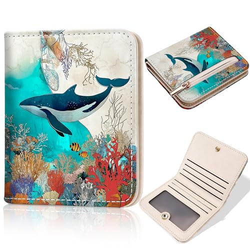Image of Toughergun Bule Whale RFID Small Wallet Women, Slim Thin Vegan Leather Bifold Wallet with Zipper Coin Pocket & ID Window, Cute Mini Travel Credit Card Holder Gift for Women Ladies Teen Girls