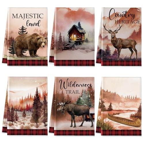 Mixweer 6 Pcs Wildlife Kitchen Towels 16 x 24 Inch Rustic Forest Animals Hand Towels Moose Dish Cloths Bear Deer Cabin Tea Absorbent Dishcloth for Kitchen Bathroom Woodland Wild Life Decor