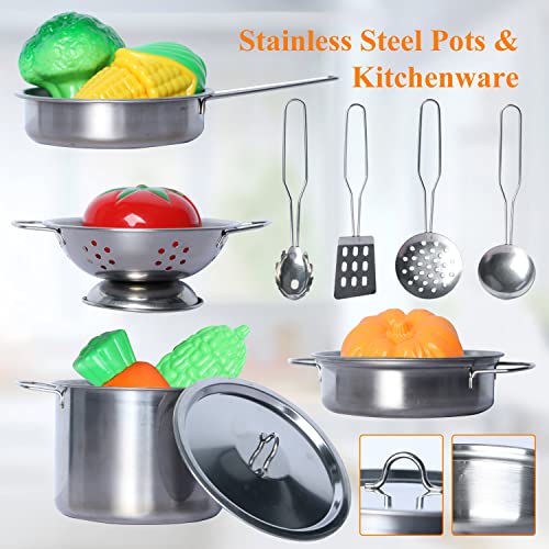 Kinderküche Zubehör, Kinderküche Kochgeschirr Edelstahl Töpfe küchenspielzeug für Kinder, Spielküche Zubehör mit Schürze… – Bild 5