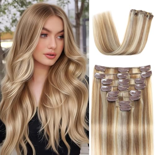 Image of Clip in Hair Extensions Real Human Hair 18 inch 100g /3.6oz Straight Seamless Invisible Human hair Extensions Clip ins for Women Double Weft 8pcs Light Blonde to Golden Blonde