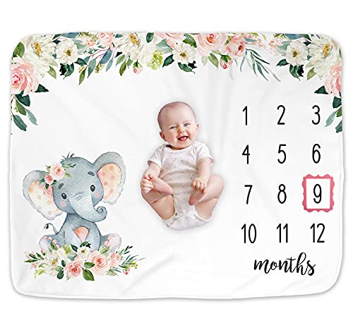 Image of Girl Elephant Baby Monthly Milestone Blanket, Safari Elephant Baby Growth Chart Month Blanket, Watch Me Grow Baby Girl Floral Elephant Nursery Gift for New Moms Baby Shower, Includes Marker (50"x40")