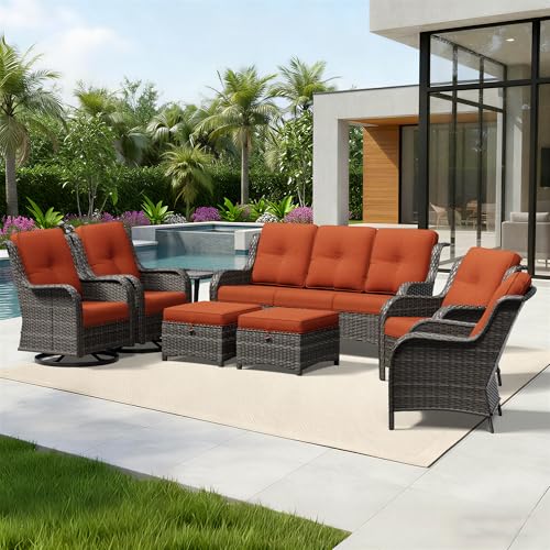 Image of Joyside 8 Piece Wicker Patio Furniture Set, Outdoor Swivel Rocker Patio Chairs with High Back, Deep Seating, Wide Armrest, Thickened Cushions, Outdoor Furniture for Deck, Porch Use