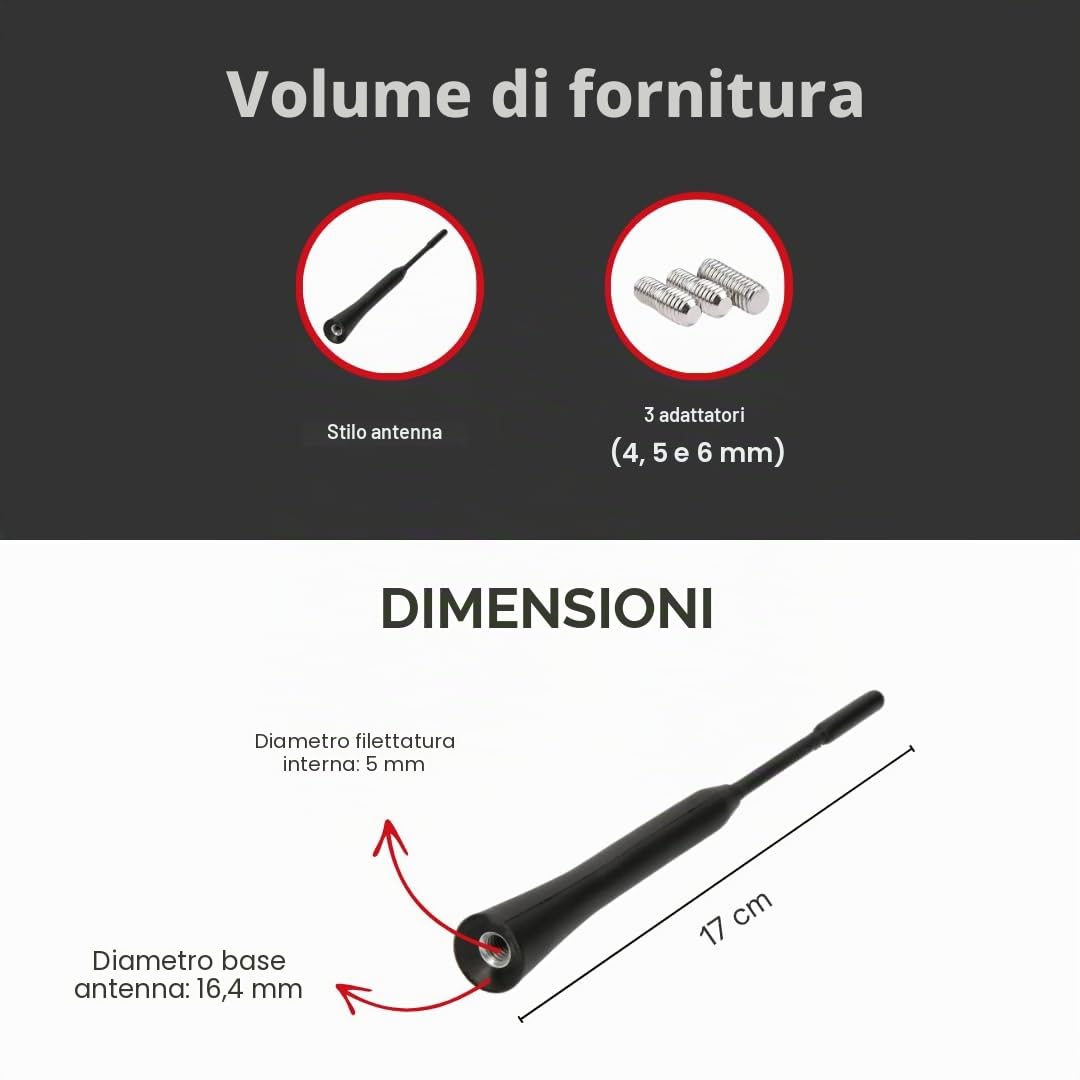 Audioproject A355 - Antenna-per-autoradio 17 cm 16V compatibile per: Toyota Aygo Opel Corsa Fiat Panda Suzuki Peugeot Cooper adapter universe antenna auto corta accessori