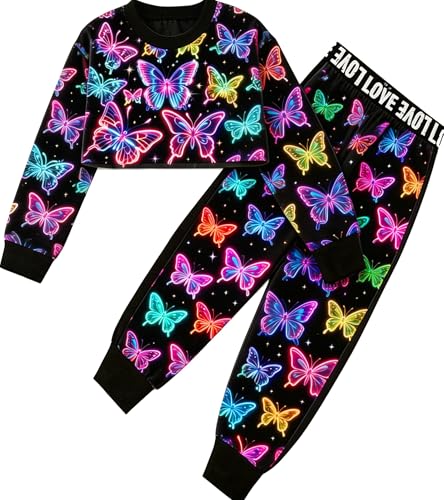 Image of Betusline Girls 2 Piece Outfits Girls Cropped Sweatsuit Pants Outfit Clothes Set, 4T-14 Years