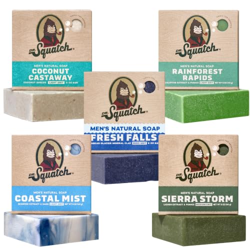 Image of Dr. Squatch Natural Men's Bar Soap - Cold Process Body Soap Bar with Natural Oils - Gifts for Men - Coastal Mist, Fresh Falls, Sierra Storm, Rainforest Rapids, Coconut Castaway (5 Pack)