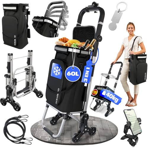 Carrito Compra Plegable 6 Ruedas 45Kg – Carro De La Compra Plegable Bolsa Isotérmica 45l, Manillar Ajustable – Carro Plegable con Ruedas Ligero & Resistente | Carrito De La Compra Escaleras & Mercado