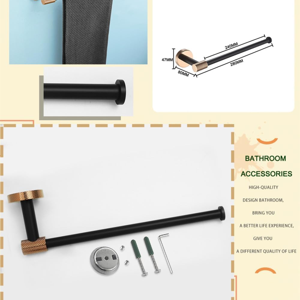 Anilla para Toallas, Set de baño: jabonera, toallero, Soporte for Papel y Gancho en Oro Rosa/Negro Mate(Double Towel Bar)