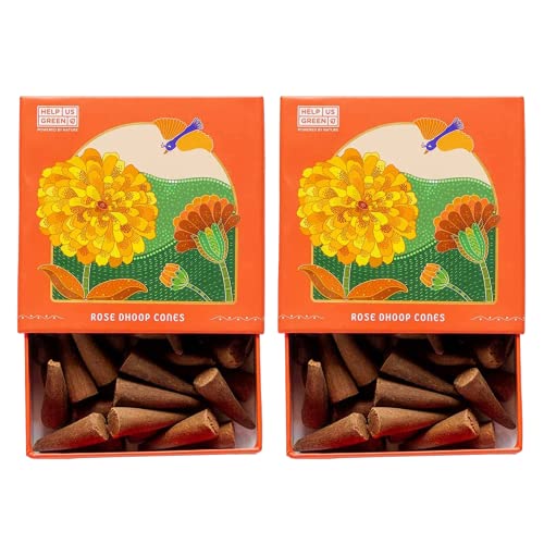 Image of HelpUsGreen Natural Dhoop Cones Rose Fragrance | Charcoal Free Herbal Incense Cones for Pooja, Meditation & Home Fragrance | Long Lasting Low Smoke with Ceramic Holders 80 Cones Pack of 2