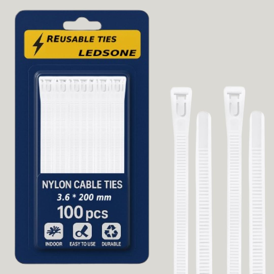 Ledsone White 200 X 3.6 Mm 100 Pack Reusable Cable Ties 200Mm White Heavy Duty Strong Nylon Large Zip Ties Releasable Plastic Thick Tie Wraps (White 200 X 3.6 Mm)