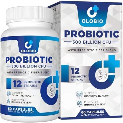 OLOBIO 300 Billion CFU Probiotic, 12 Strains with 3 Organic Prebiotics, Probiotics for Women and Men, Daily Supplement for Digestive, Immune, Gut & Bloating Health, Shelf Stable, Vegan, 60 Counts