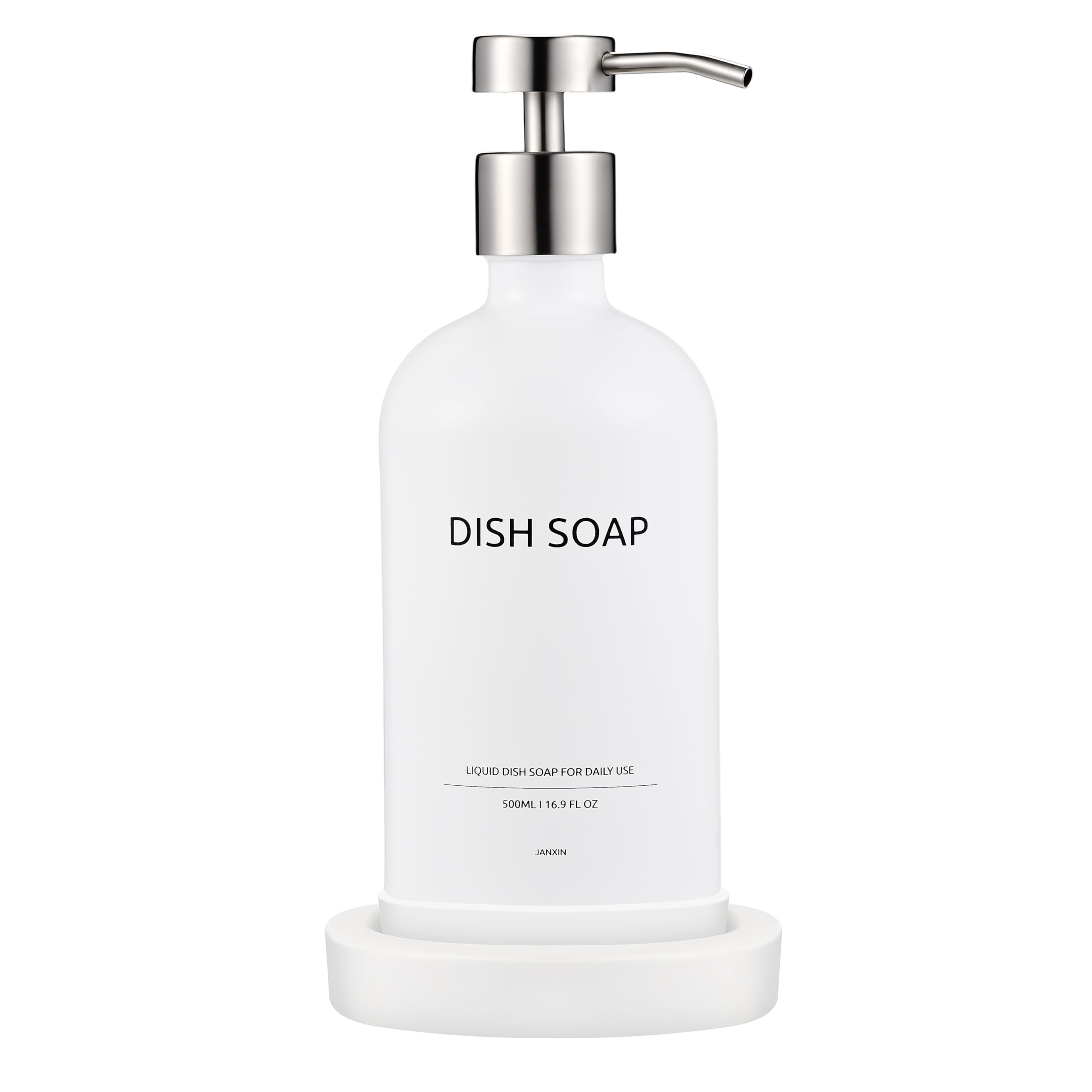 Janxin Glas Seifenspender Set Weiß mit Tablett - 500ml Seifenspender für Küche & Dusche, Elegantes Badezimmer Set, Nachfüllbarer Dosificador Jabón Cocina, Baño (White bottle silver head (DISH SOAP))