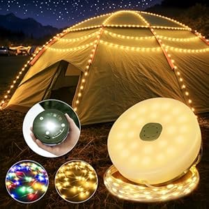 Hopexy Camping Lichterkette Aufrollbar 10M LED, 4-in-1 Wiederaufladbare Campinglampe mit Batterie 2200mAh, 15 Lichtmodi, USB & Powerbank, IP44 Camping Licht Auße für Zelt, Garten und Wohnwagen
