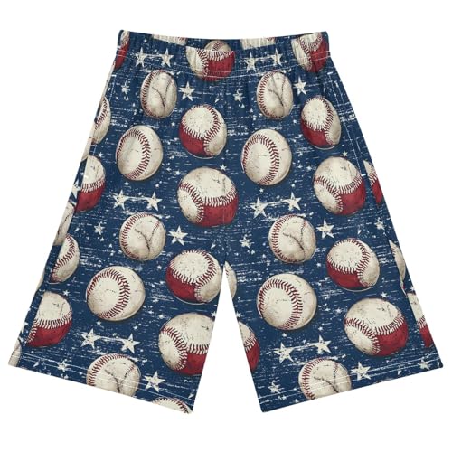 ALAZA Ball Baseball White Star Pajama Shorts Elastic Waist Casual Sleep Shorts with Pockets Size 6-14 - Main Image