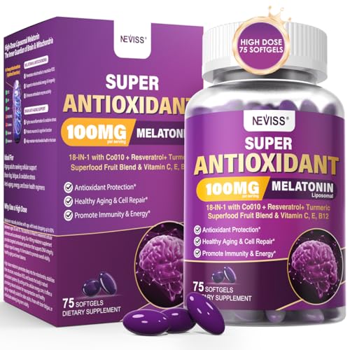 Melatonin 100mg for Antioxidant & Cognitive Health Ultra High Dose Melatonin with CoQ10 Turmeric Trans-Resveratrol Vitamin B12 C E for Brain Anti-Aging Cellular Repair and Energy 75 Softgels