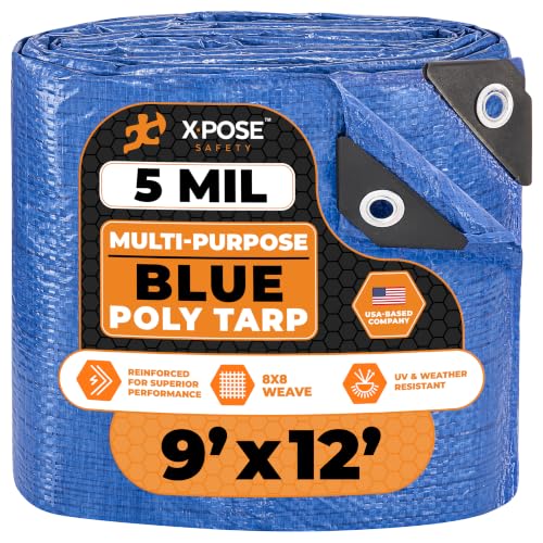 Image of Better Blue Poly Tarp 9' x 12' - Multipurpose Protective Cover - Lightweight, Durable, Waterproof, Weather Proof - 5 Mil Thick Polyethylene - by Xpose Safety