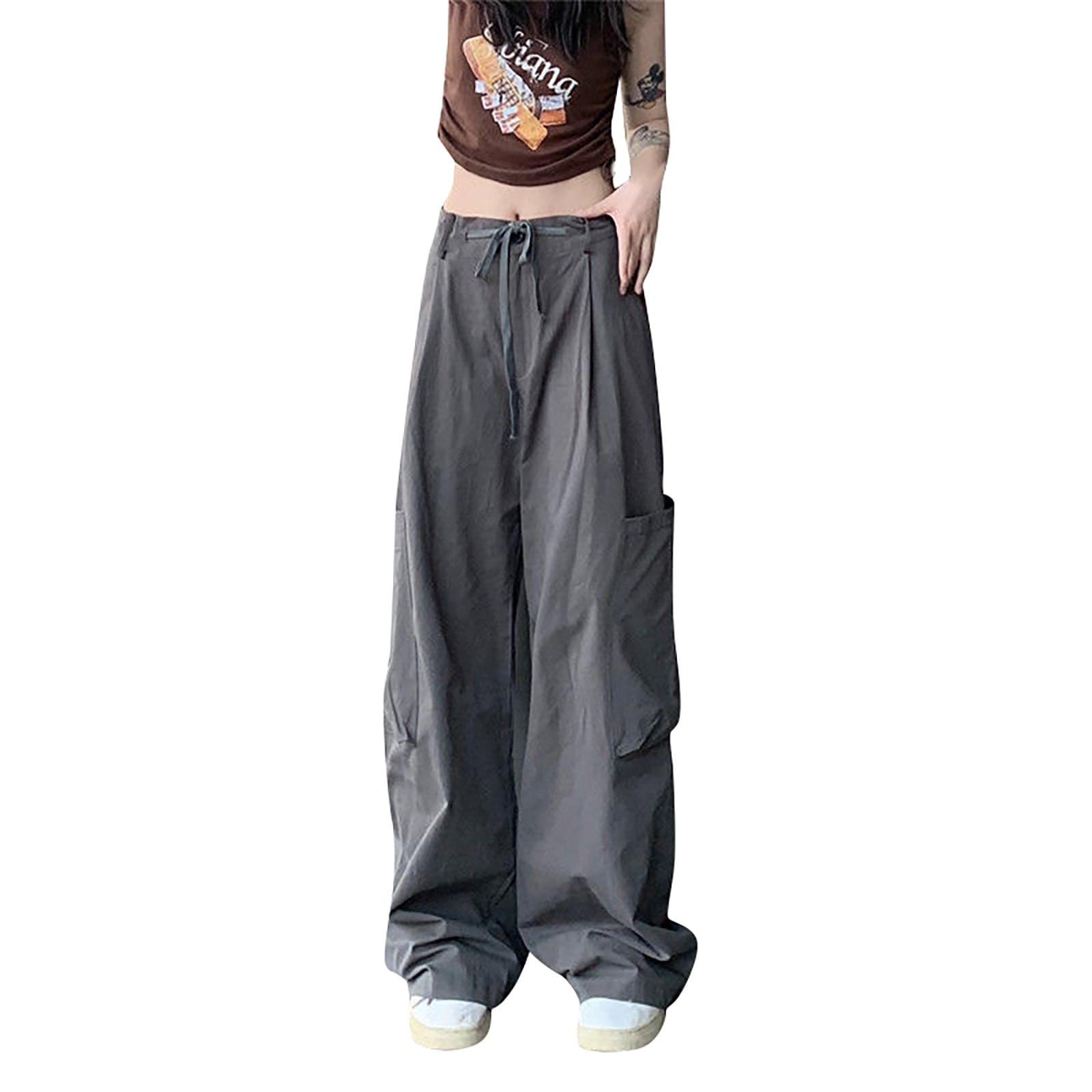 Divhosrg Women's Cargo Pants Y2K High Waist Parachute Pants Straight Wide Leg Baggy Pants with Pockets