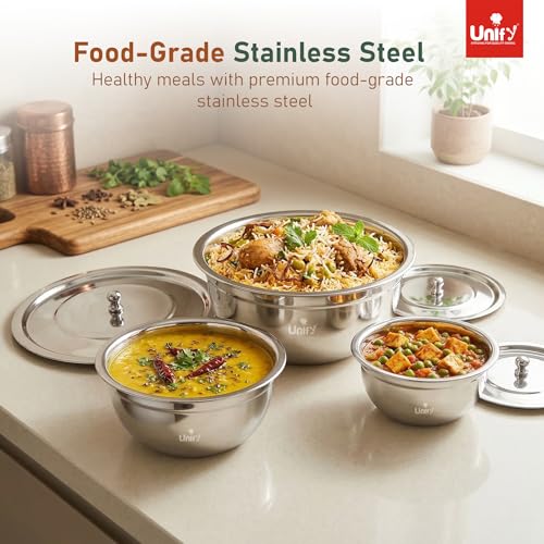 Image of Unify 3 Pieces Stainless Steel Serving Bowl Set with Lid | Steel Serving, Storage & Mixing Bowls | Multipurpose Kitchen Prep Bowl | Mirror Finish Container for Dining & Storage (Lumina Design)